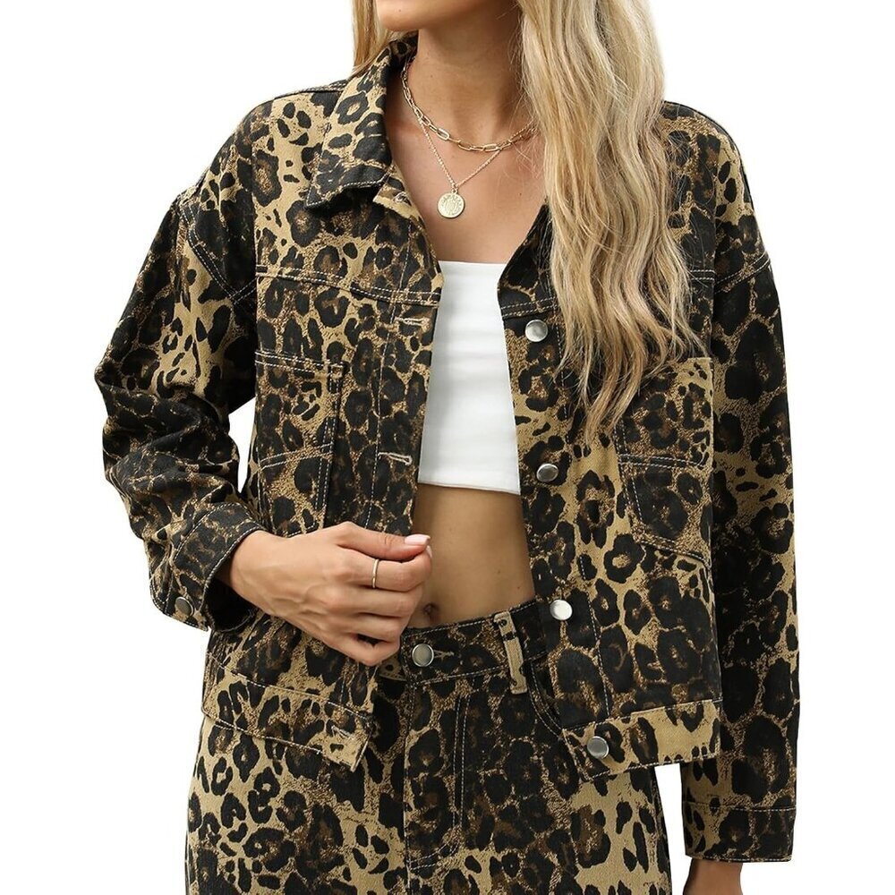 Brand New Women Leopard Print Rayon Cropped Jean Jacket Button Up With Pockets
